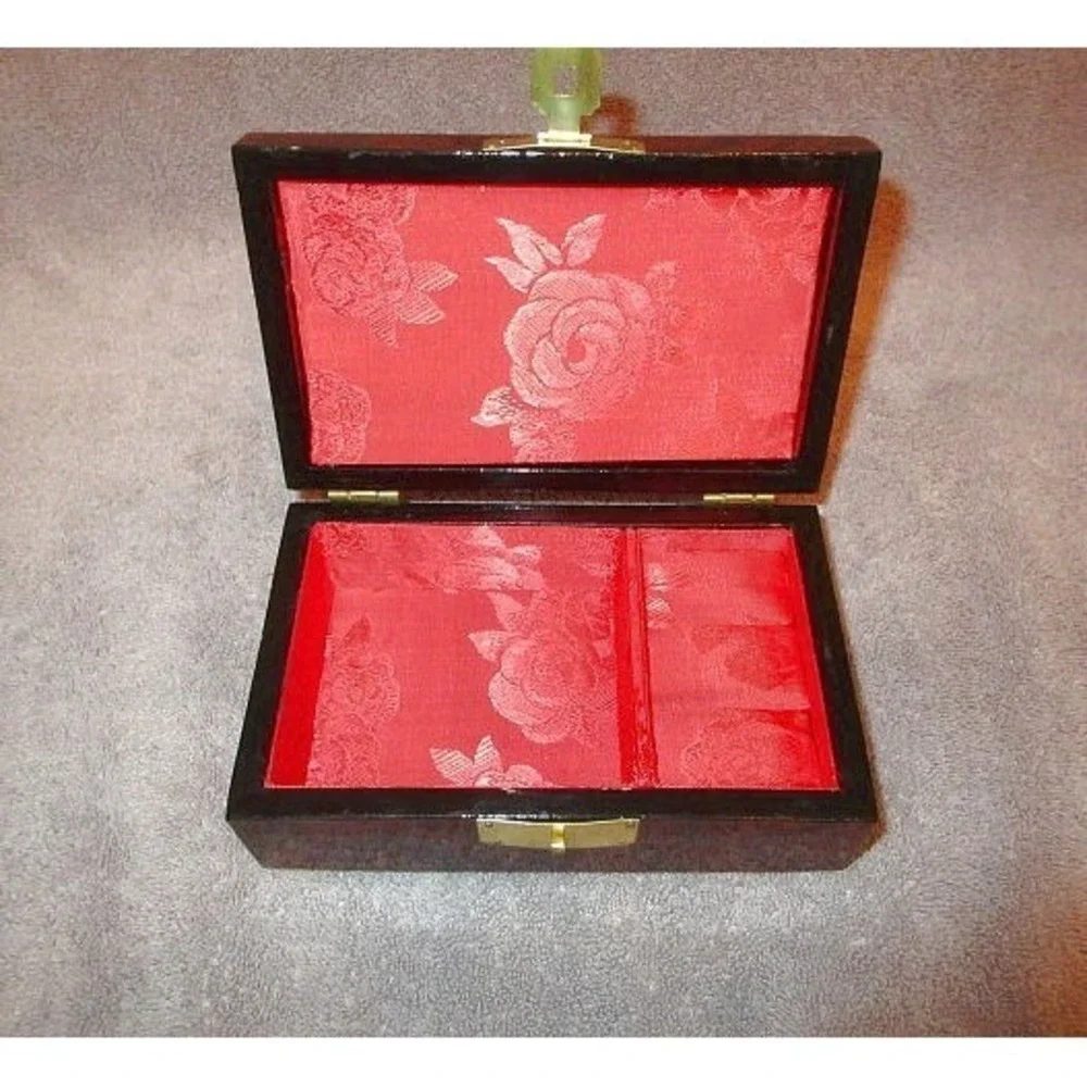 Vintage Wood Jewelry Box Asian Diorama Lacquered Cork Velvet Lined Glass Lid NEW
